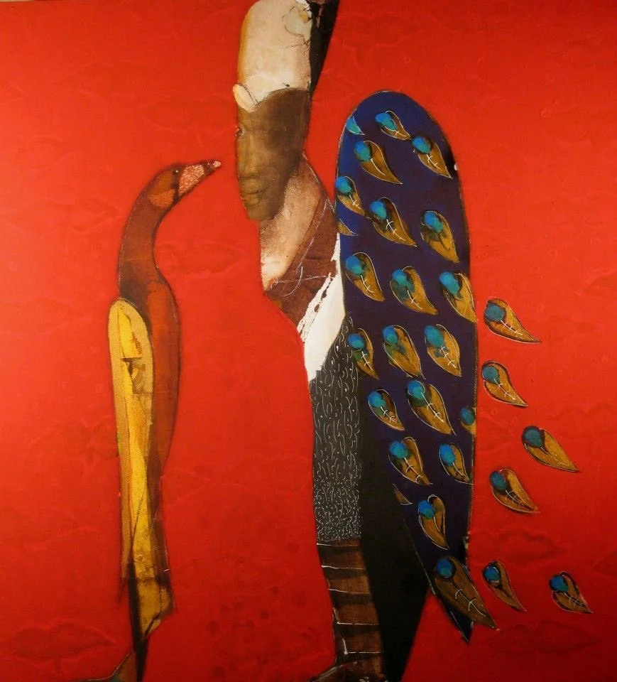 A colorful abstract painting of a peacock, featuring a red background, with a detailed depiction of its head, neck, and tail feathers.