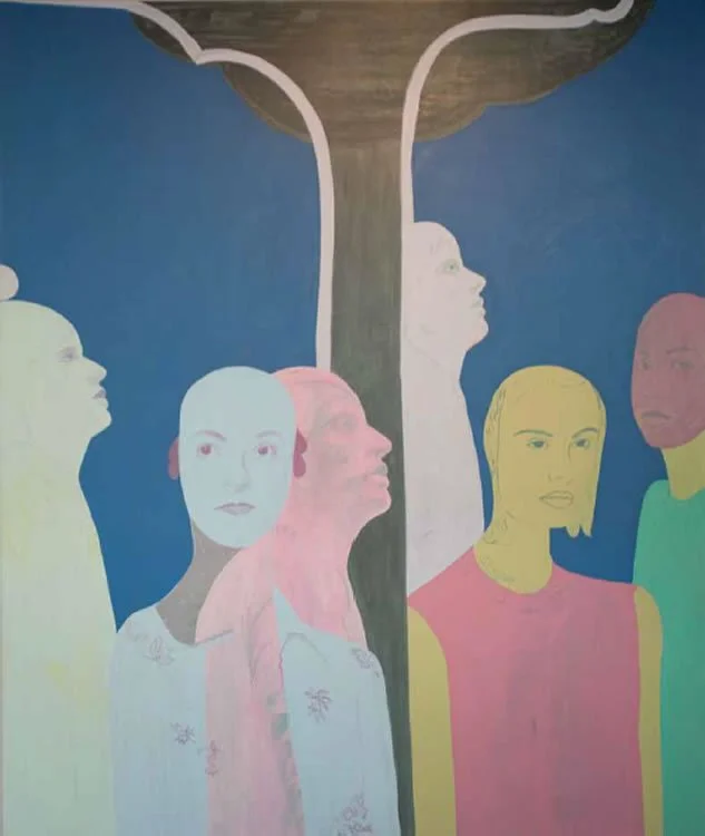 A colorful mural featuring multiple stylized portraits of women in pastel shades, centered around a tree with a dark trunk and branches. The background is blue.