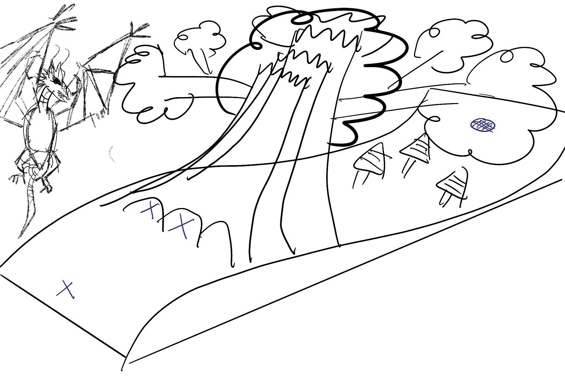 The rough concept illustration I came up with for Hole7: Jabberwocky and the giant tree with trapdoors at its bottom.
