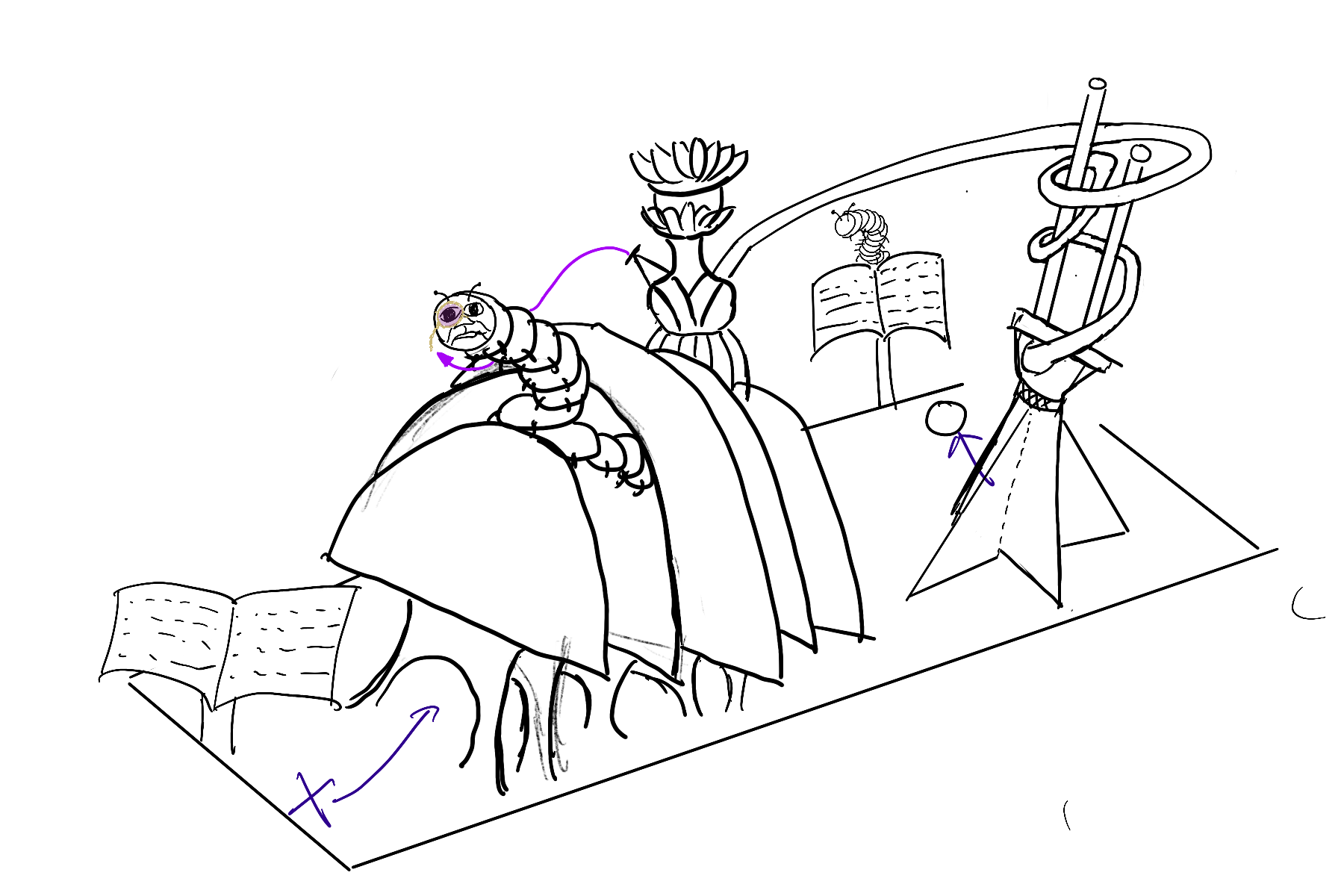 The rough concept illustration I came up with for Hole4: the Caterpillar and his hookah. Purple arrows are the planned movement of the croquette balls.