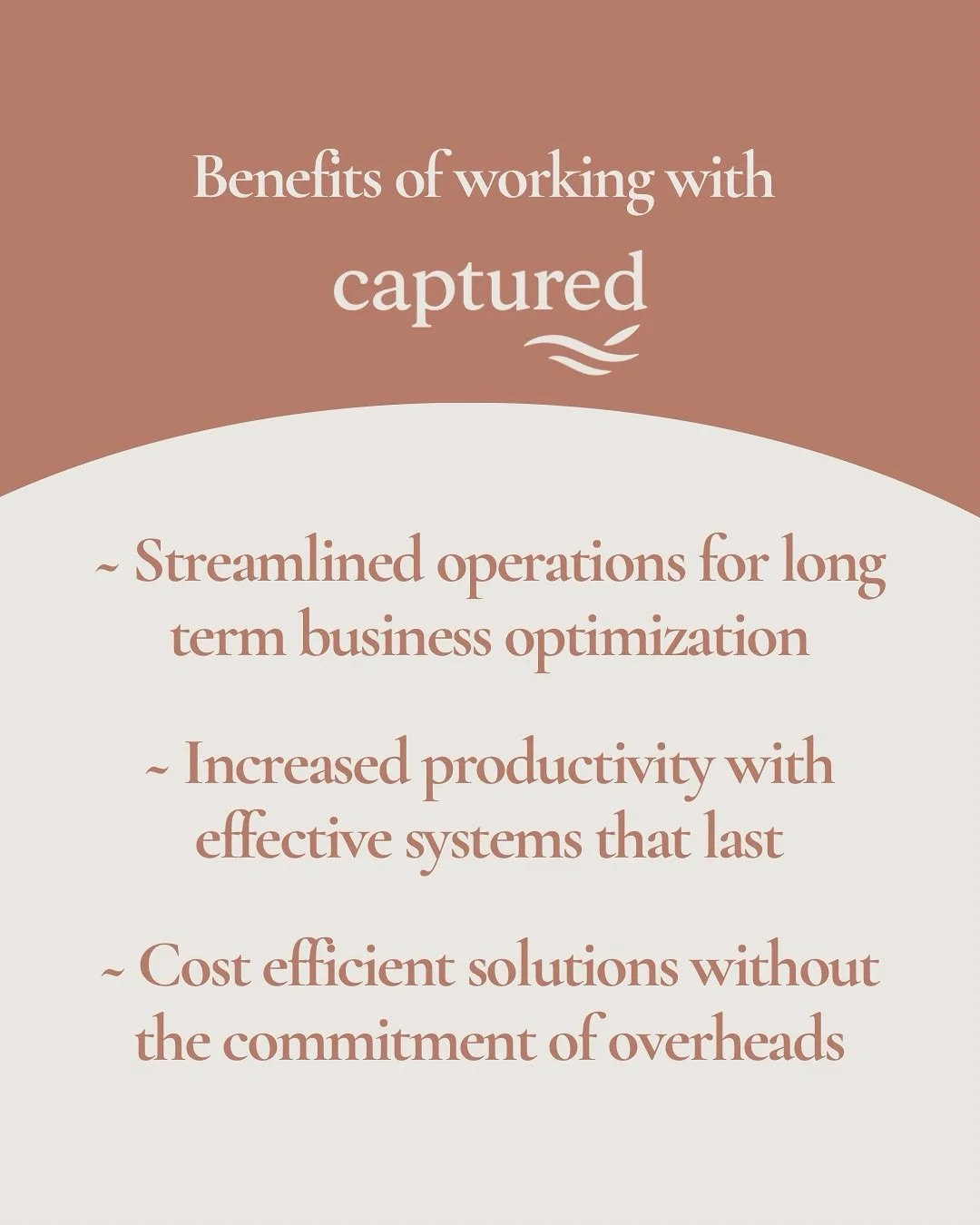 Benefits of working with Captured, to name a few&hellip;

Working with Captured whether it&rsquo;s a short term triaging or long term projects, is always a good idea. 

Get in context to discuss how we can save you time, money, and give you back the 