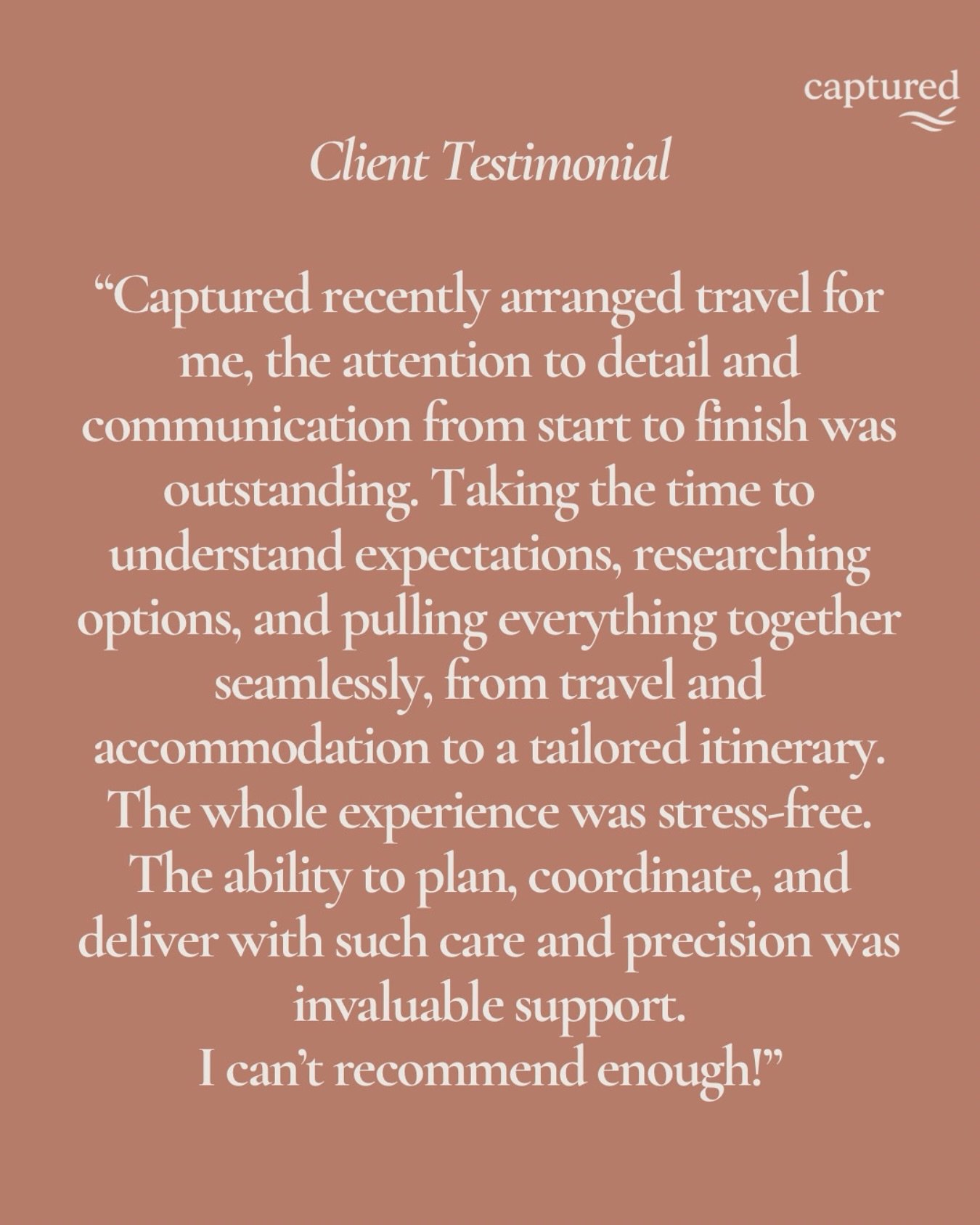 Client Testimonial 🫶

Did you know we provide end to end travel management services? That&rsquo;s everything from idea to execution.
Flights ☑️
Trains ☑️
Transfers ☑️
Accommodation ☑️
Itinerary ☑️
Conference facilities ☑️
Restaurant reservations ☑️
