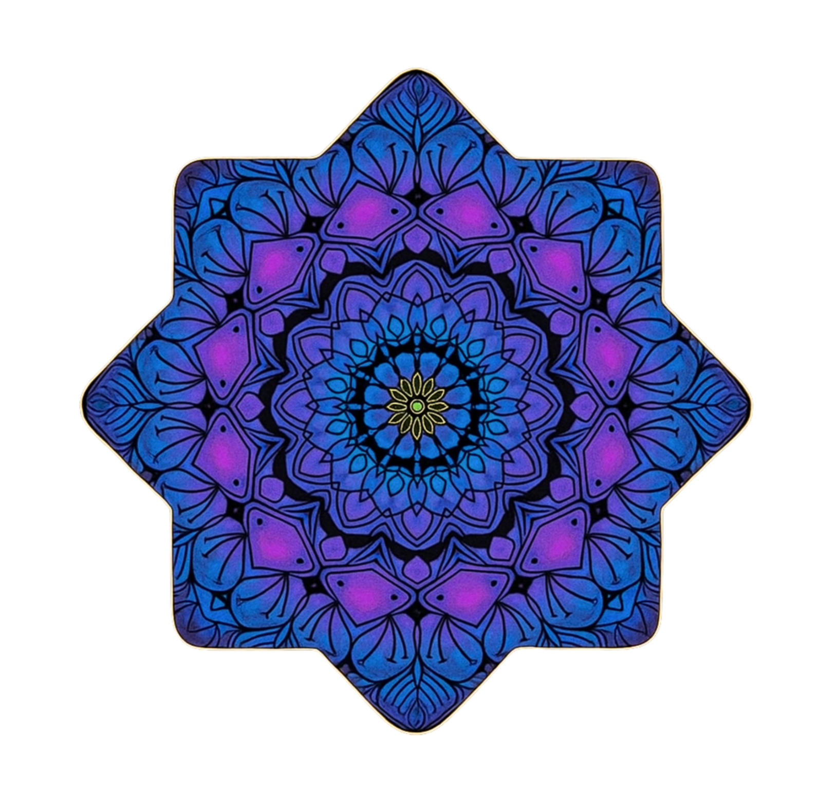 A colorful, symmetrical mandala with shades of blue, purple, and yellow, featuring intricate geometric patterns on a black background.
