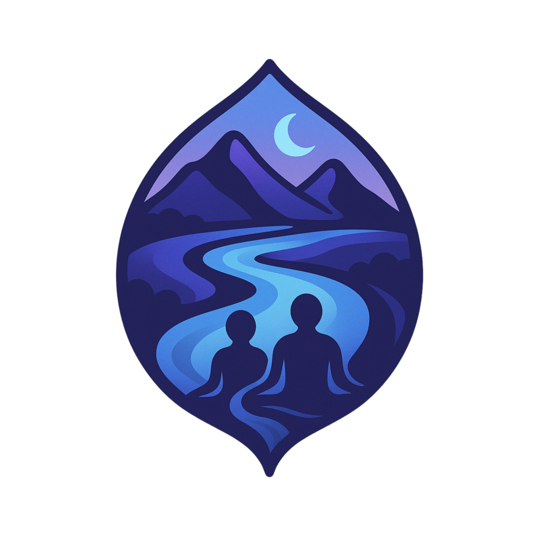 Stylized logo featuring a mountain landscape with a river, two swimmers, a crescent moon, and a night sky in shades of blue.