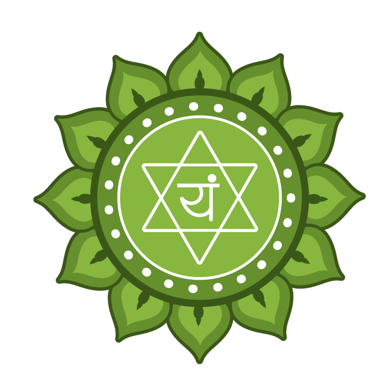 Heart Chakra - A green mandala with a central star of David, containing a Sanskrit symbol in the middle, surrounded by petal-like shapes.