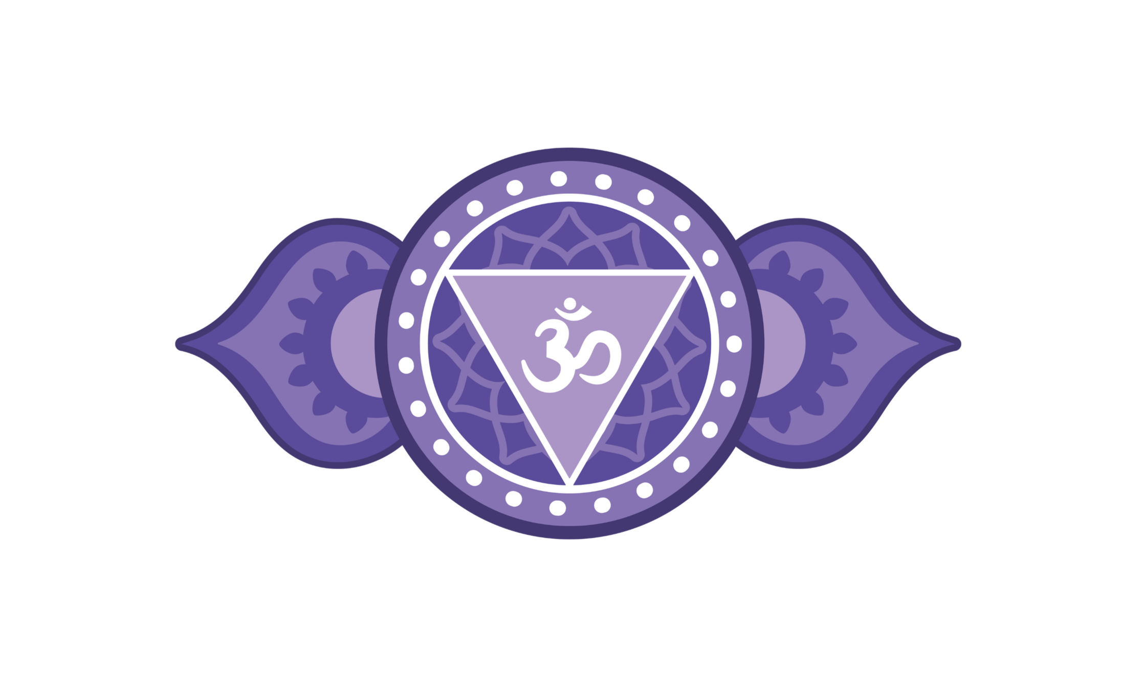 A purple graphic featuring a central circle with a white Om symbol inside a downward triangle, surrounded by decorative elements and two leaf-like shapes on either side.