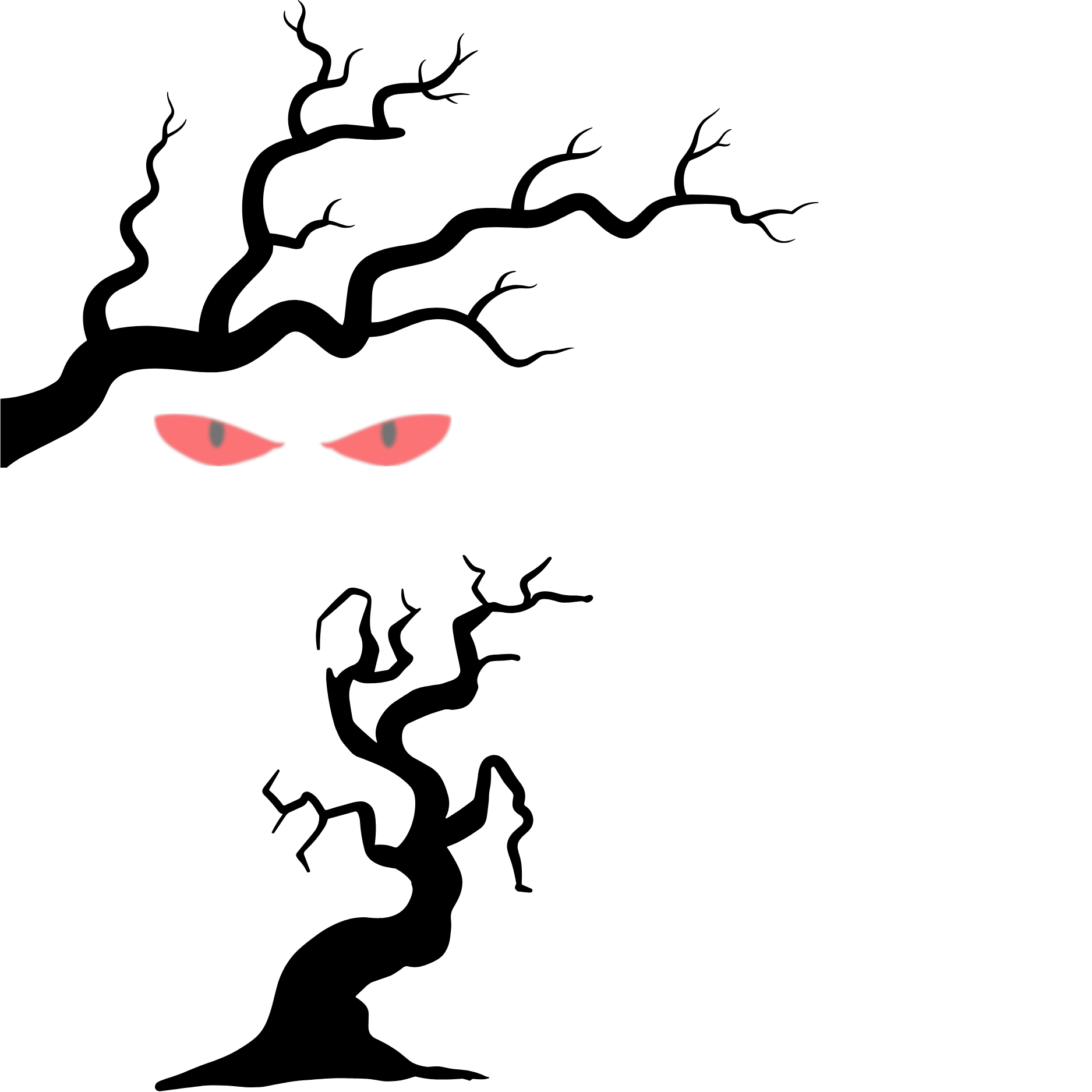 A drawing of a black figure with red eyes, and a long red tongue extending out horizontally.
