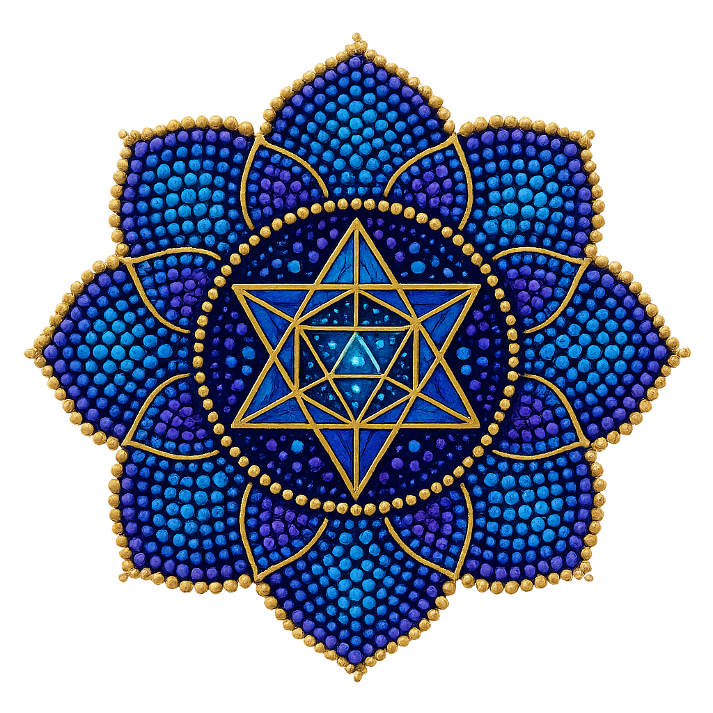 A decorative mosaic featuring a blue and purple lotus flower with gold accents and geometric patterns in the center.