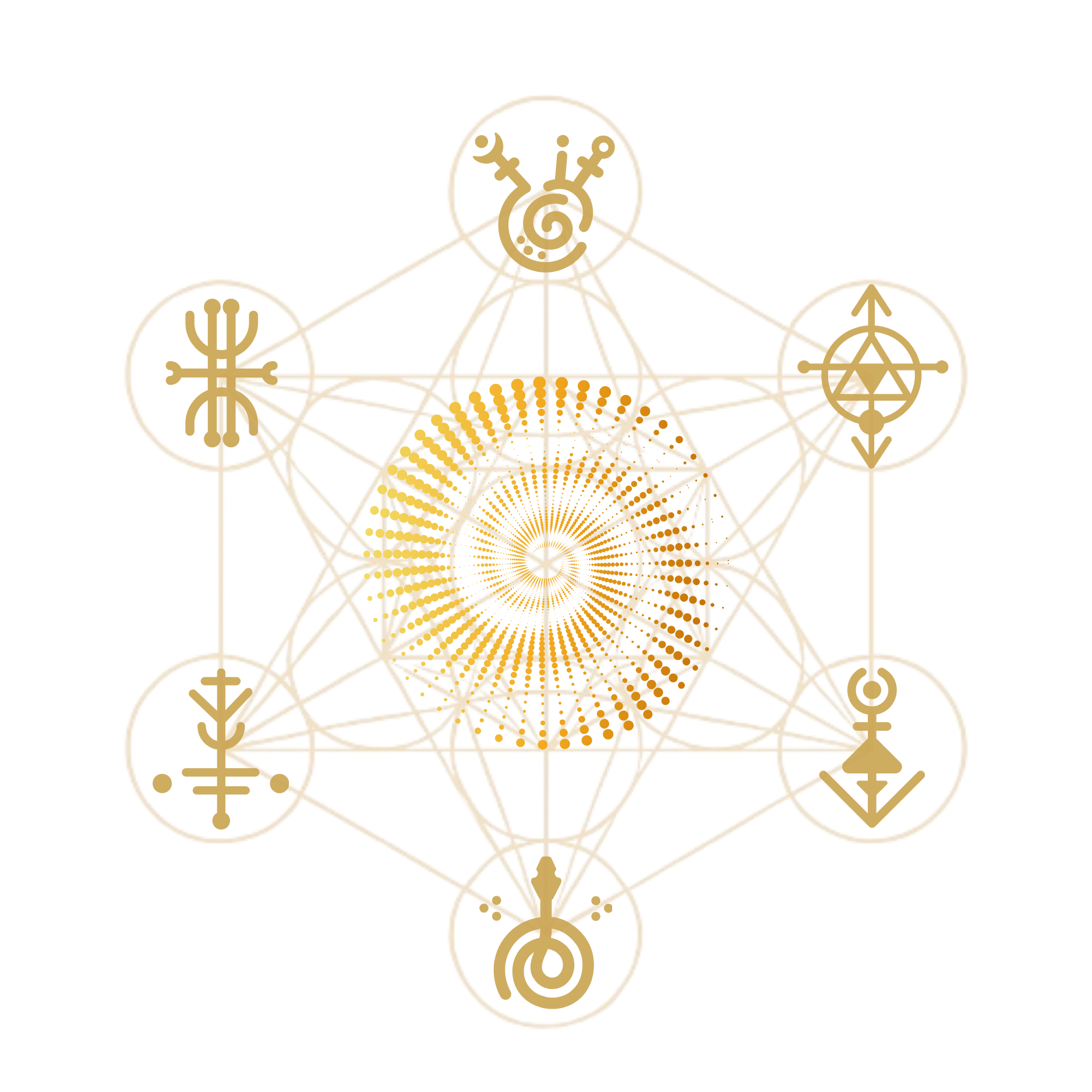 A complex, geometric design with interconnected gold lines, circles, and symbols forming a symmetrical pattern.
