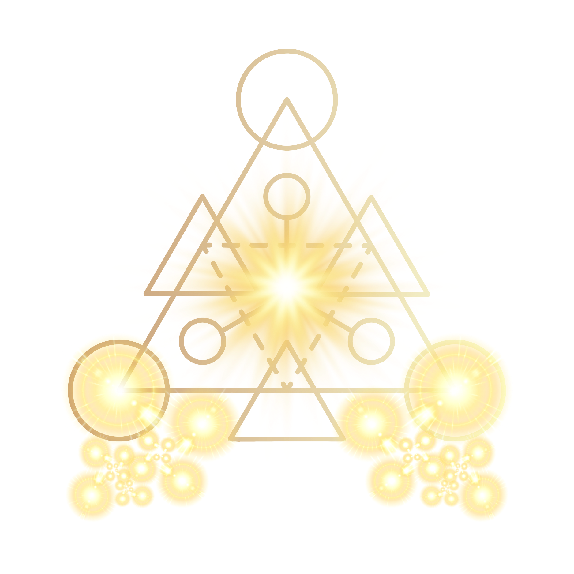 A glowing golden triangle with a starburst in the center, surrounded by smaller circular light patterns and interconnected lines, resembling a mystical or spiritual emblem.