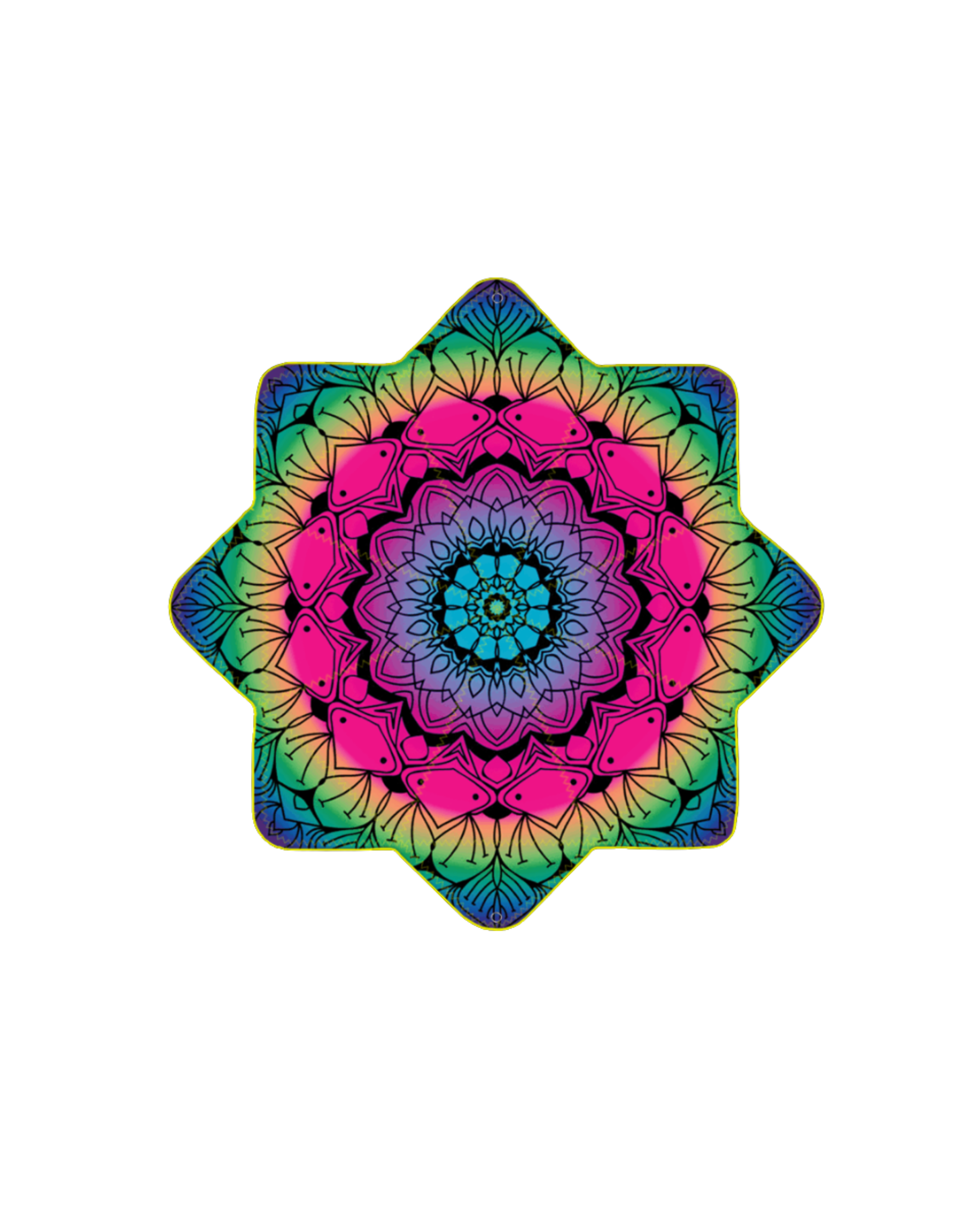 Colorful kaleidoscope pattern with pink, blue, green, yellow, and purple colors on a black background.