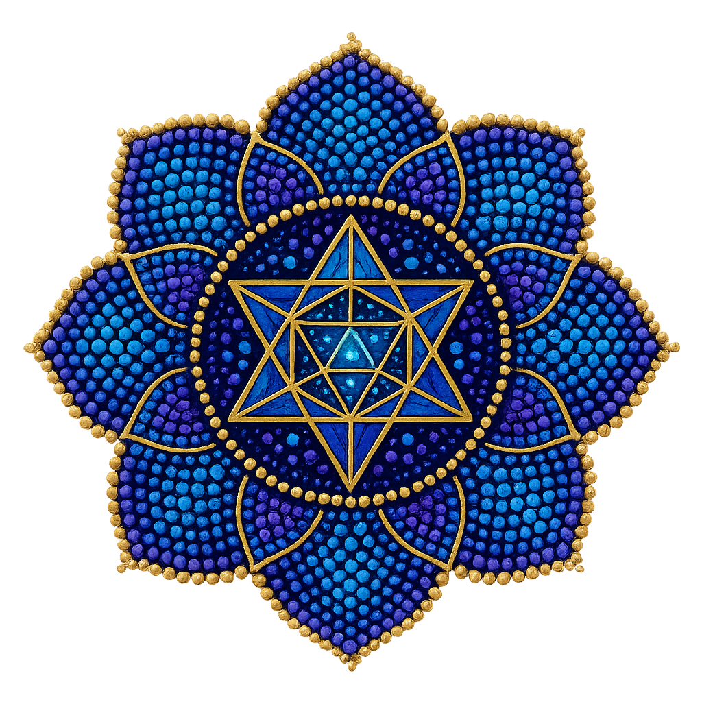 A decorative mandala with a blue and purple color scheme, intricate geometric patterns, surrounded by gold beads, resembling a lotus flower.