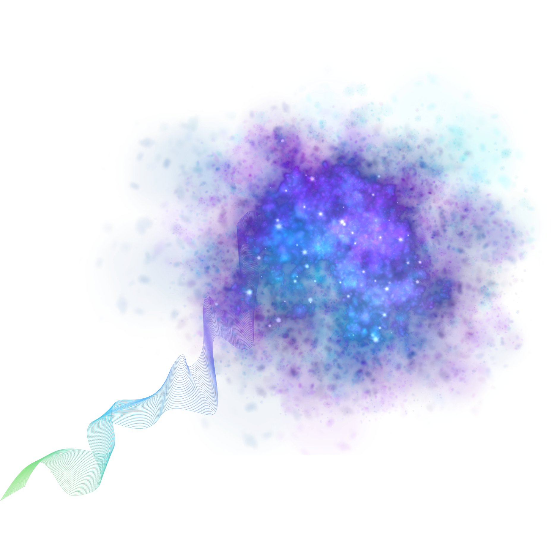 A digital artwork of a large, colorful, cosmic cloud resembling a flower against a black background. The cloud has shades of blue, purple, and pink with star-like sparkles throughout and a bright, glowing appearance.
