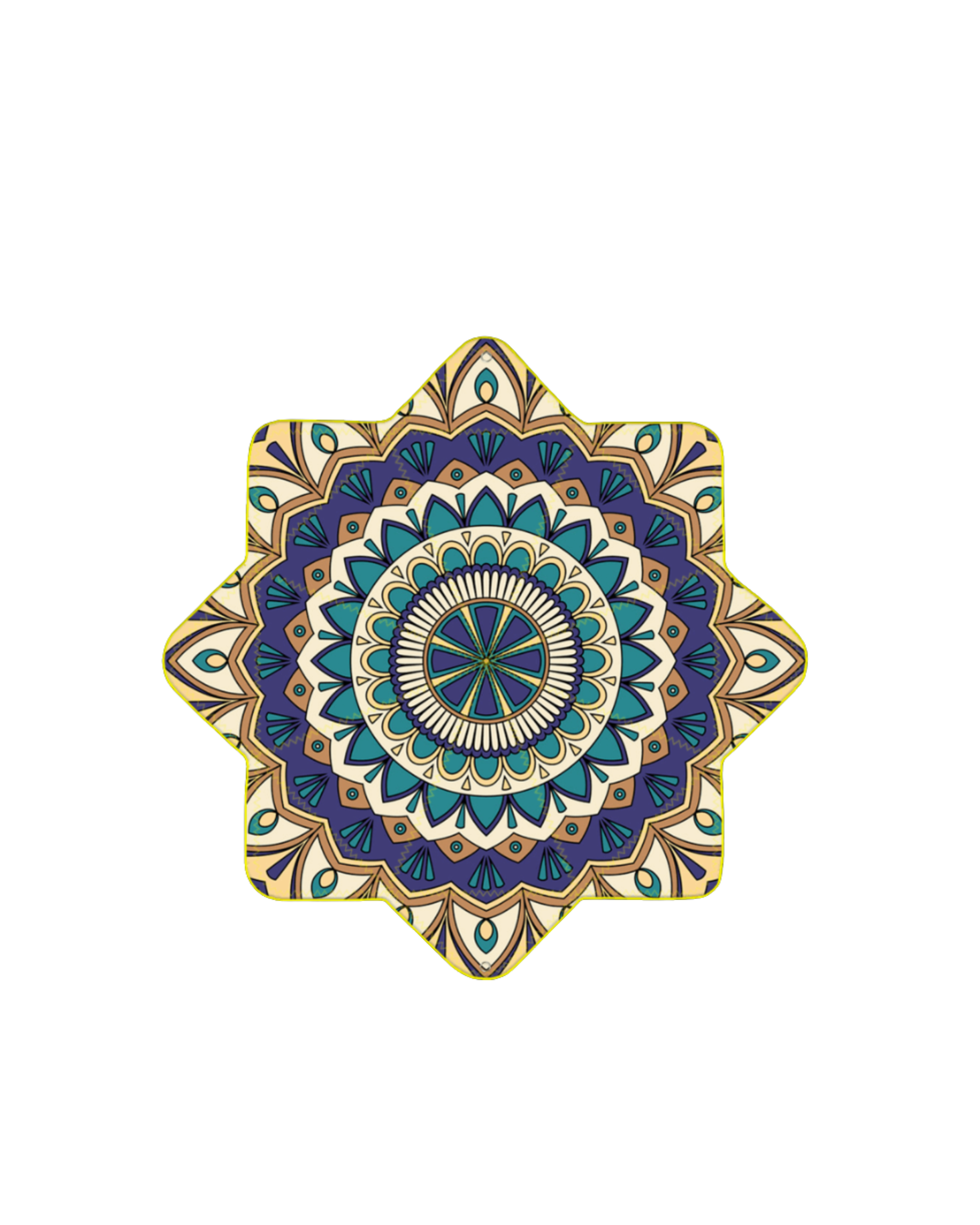 Decorative, colorful mandala with intricate geometric patterns in blue, teal, beige, and brown.
