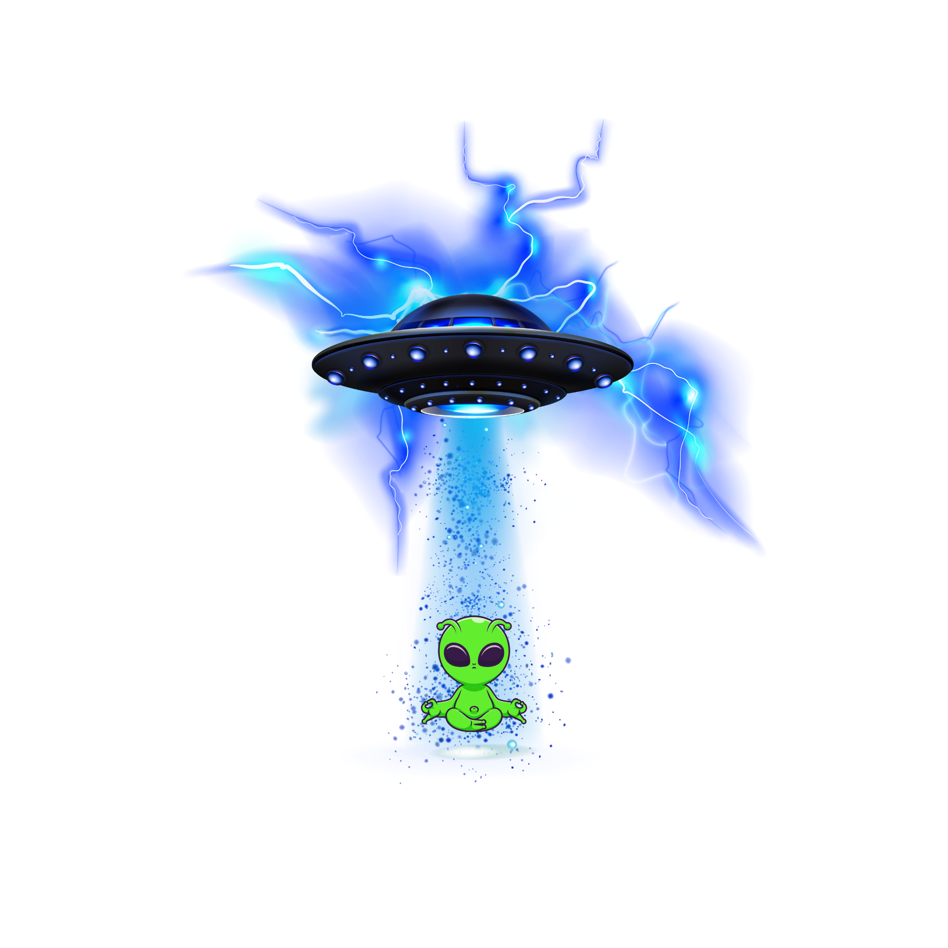 A flying saucer spaceship emitting lightning and rain a beam of blue energy onto a small green alien with big black eyes, sitting cross-legged.