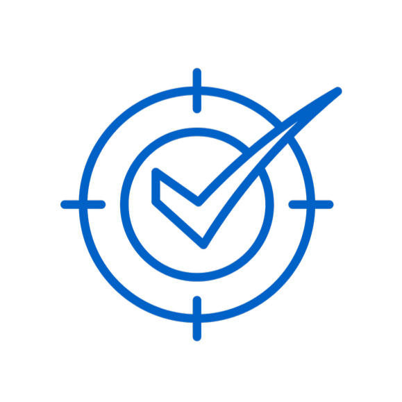 Blue checkmark inside a circle with crosshairs, on a black background.