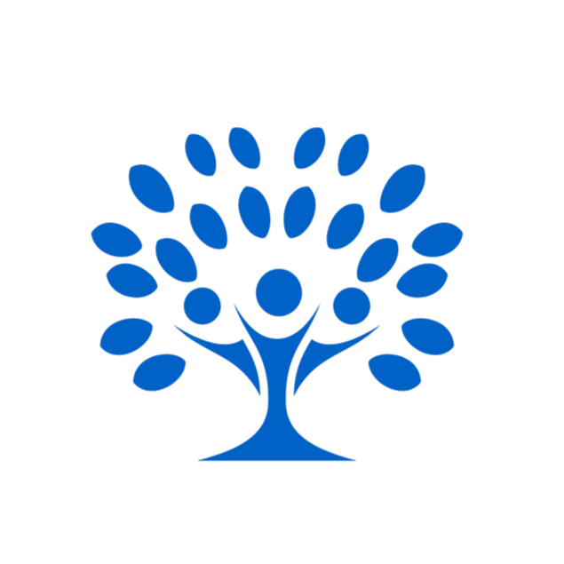A blue stylized tree with human figures as leaves on a black background.
