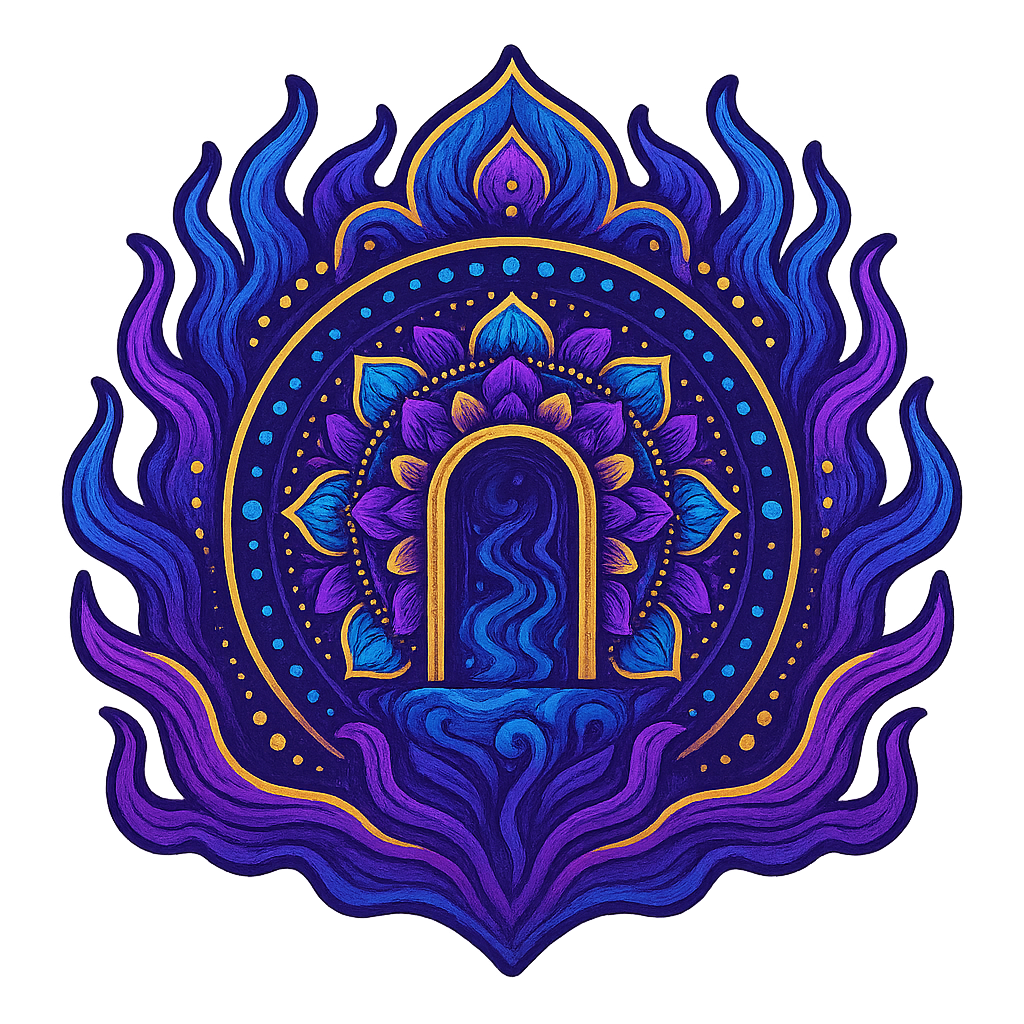 A vibrant, colorful illustration of a stylized lotus flower with intricate patterns in shades of blue, purple, and gold, featuring a central arched doorway with swirling water inside.