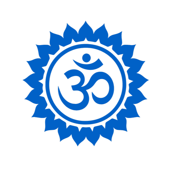 Blue Om symbol surrounded by a blue lotus flower on a black background.