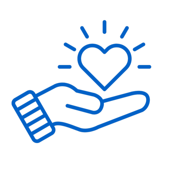 Line drawing of a hand holding a heart with radiating lines, symbolizing care or love.