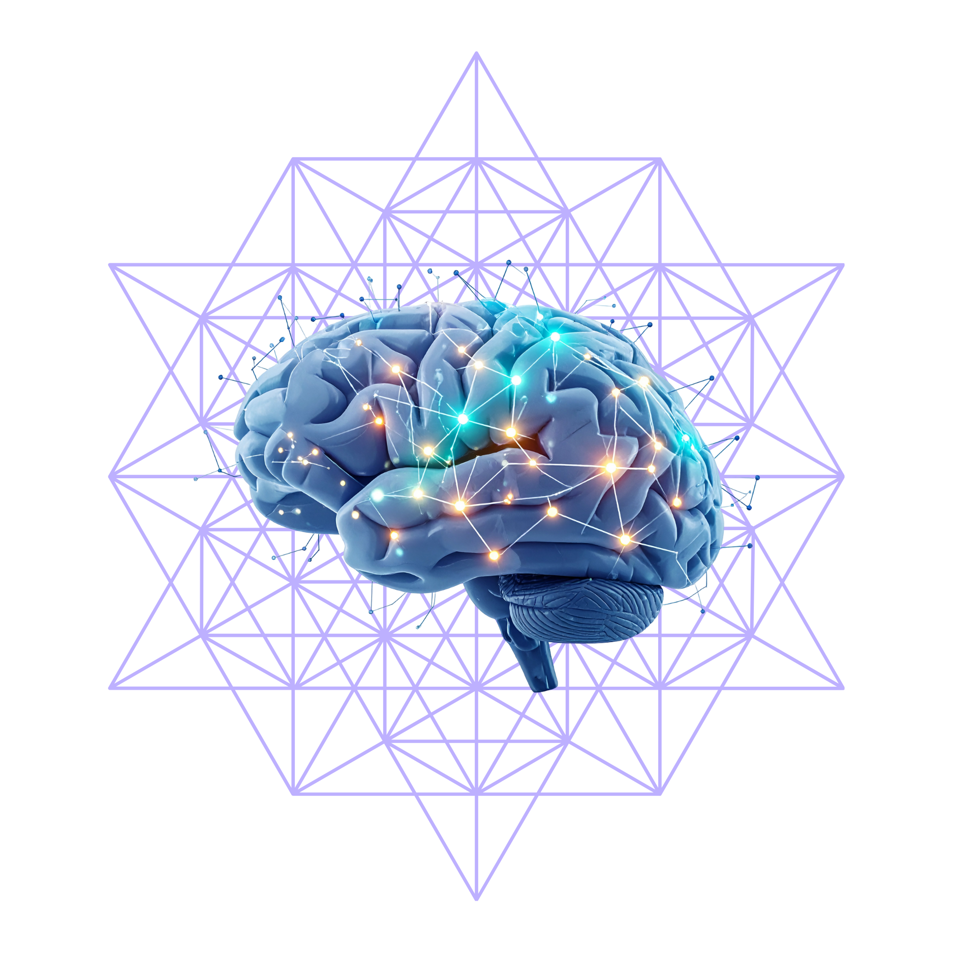Digital illustration of a human brain with interconnected glowing nodes, overlaid on a geometric, star-shaped background.