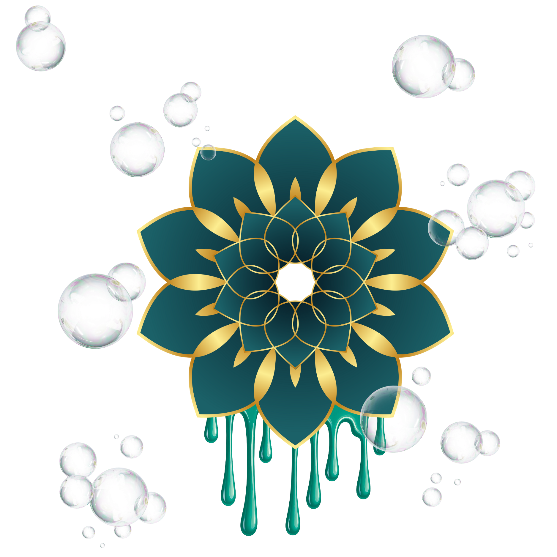 An artistic illustration of a dark green mandala with gold outlines, surrounded by transparent bubbles, with green dripping paint at the bottom.