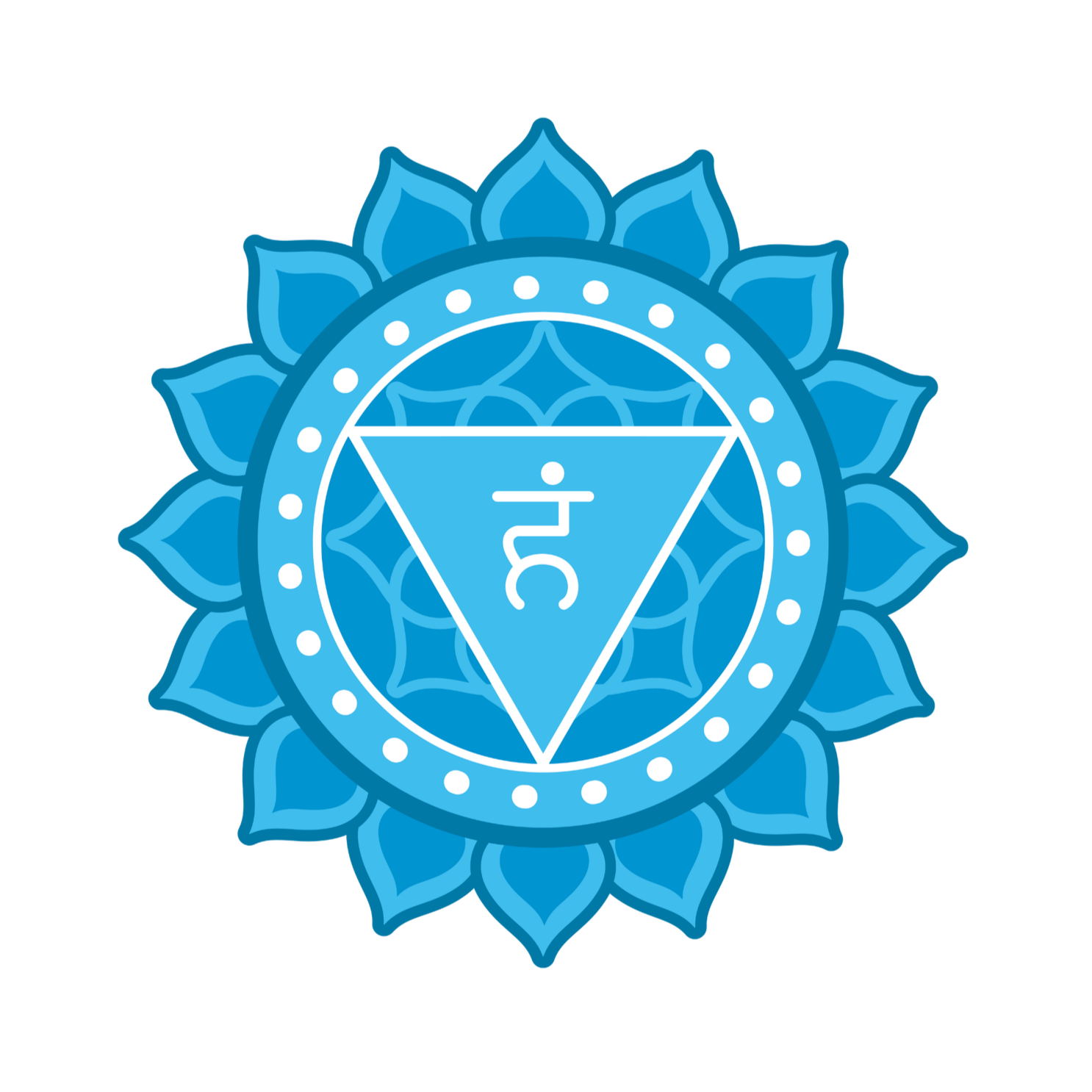 Throat Chakra - A blue lotus flower with a circular emblem in the center. Inside the emblem is a downward-pointing triangle with a kanji character in the middle.