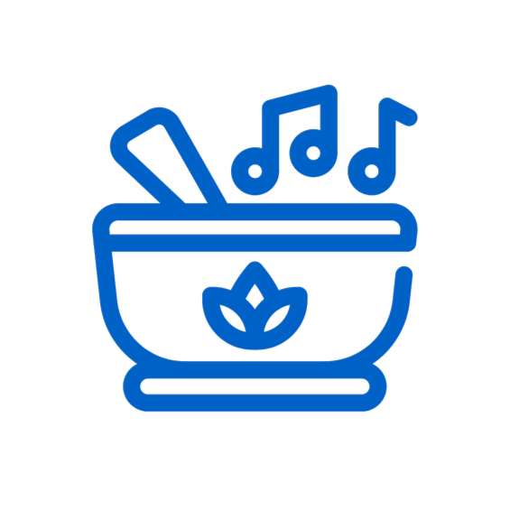 Icon of a bowl with a leaf design, two chopsticks, and musical notes above, all in blue on a black background.