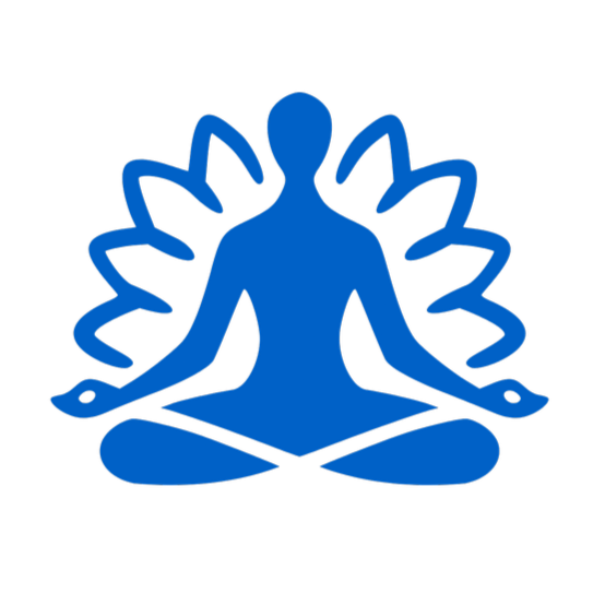Blue silhouette of a person sitting in a lotus position with a stylized sunburst behind them on a black background.