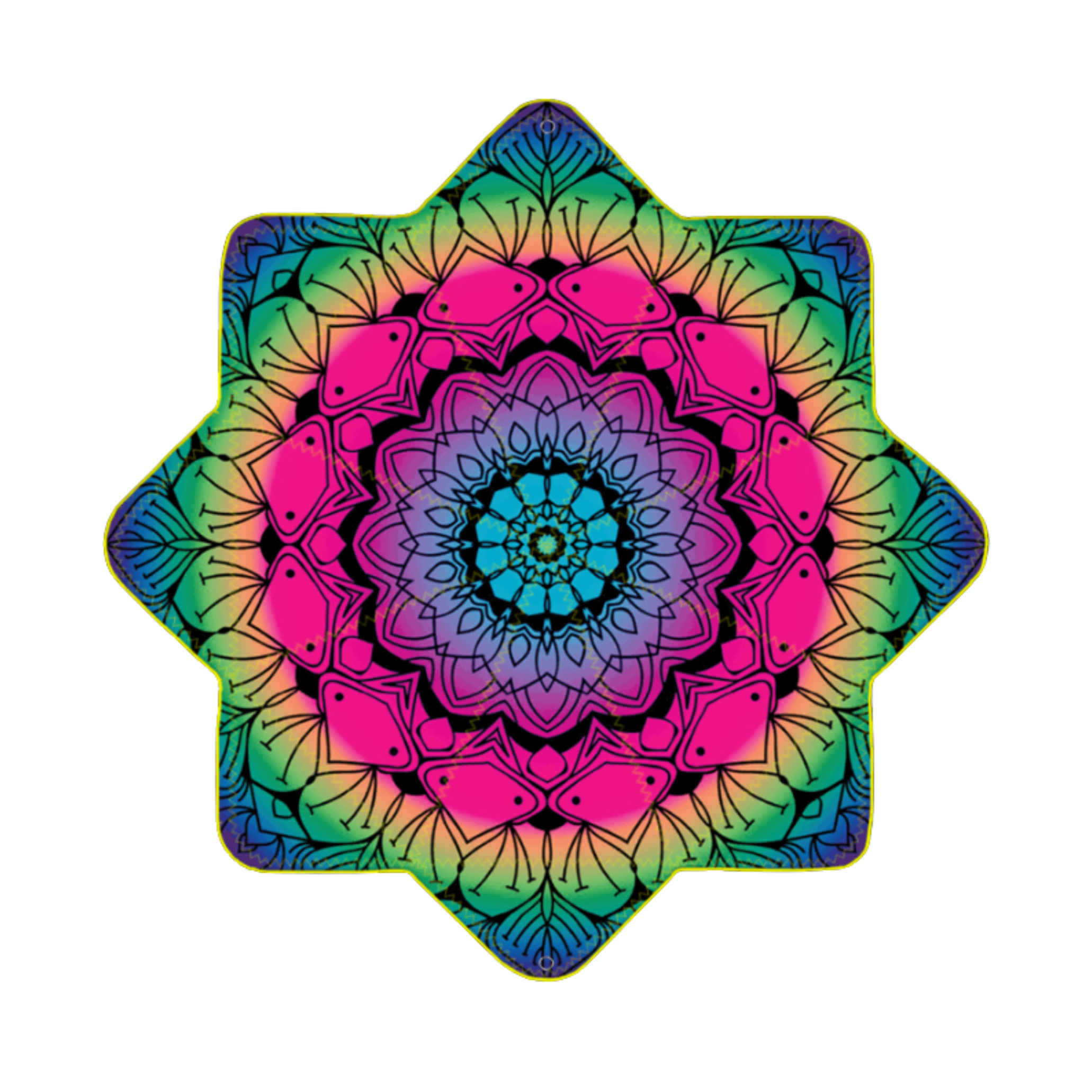 DAPO ACADEMY - Colorful intricate mandala with layers of pink, purple, blue, green, and yellow, featuring symmetrical geometric patterns on a black background.