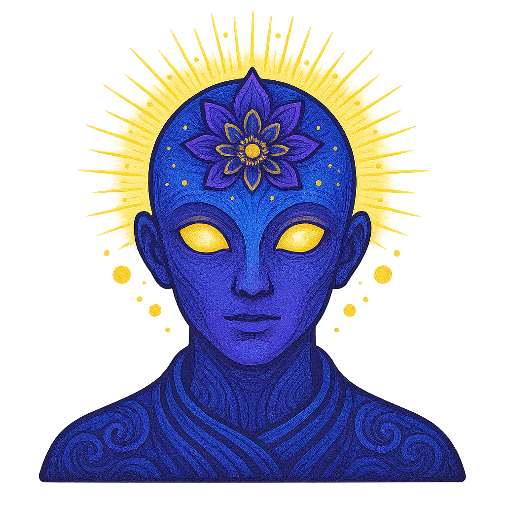 Illustration of a blue humanoid figure with glowing yellow eyes, a purple flower on its forehead, and a radiant yellow halo behind its head, with intricate swirling patterns on the shoulders and neck.
