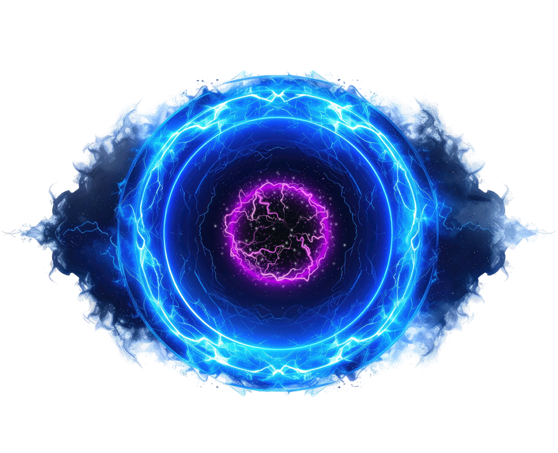 Futuristic digital energy vortex with central purple lightning sphere surrounded by blue lightning rings and cloudy smoke background.