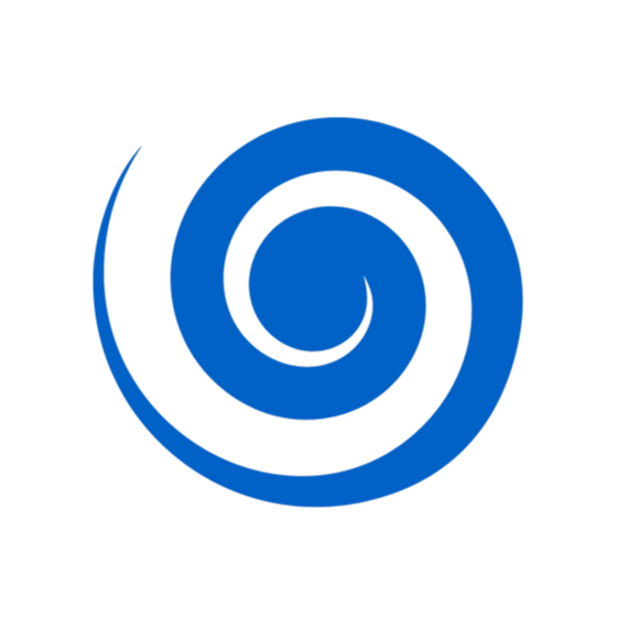 Blue spiral logo on a black background.