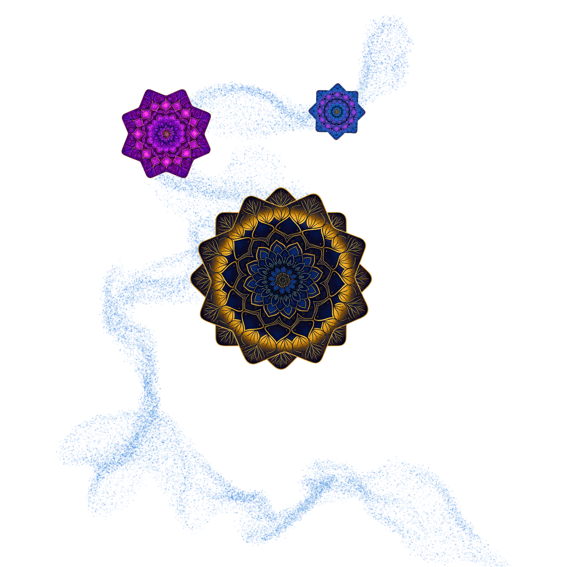 FLOW STAR - Decorative blue, purple, and black intricate mandala patterns with gold accents, connected by a glowing blue string of small particles and set against a black background.