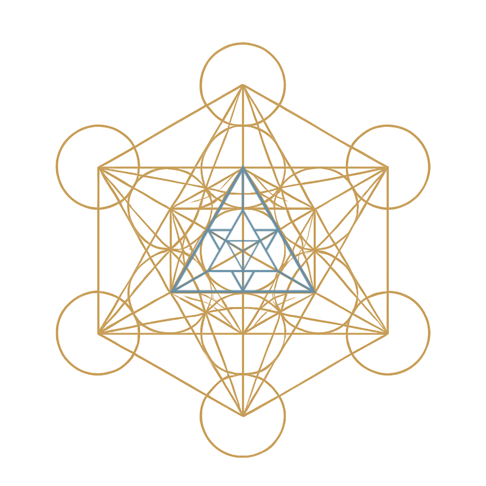 A complex geometric drawing featuring interconnected lines, circles, triangles, and a star, with gold, blue, and green colors.