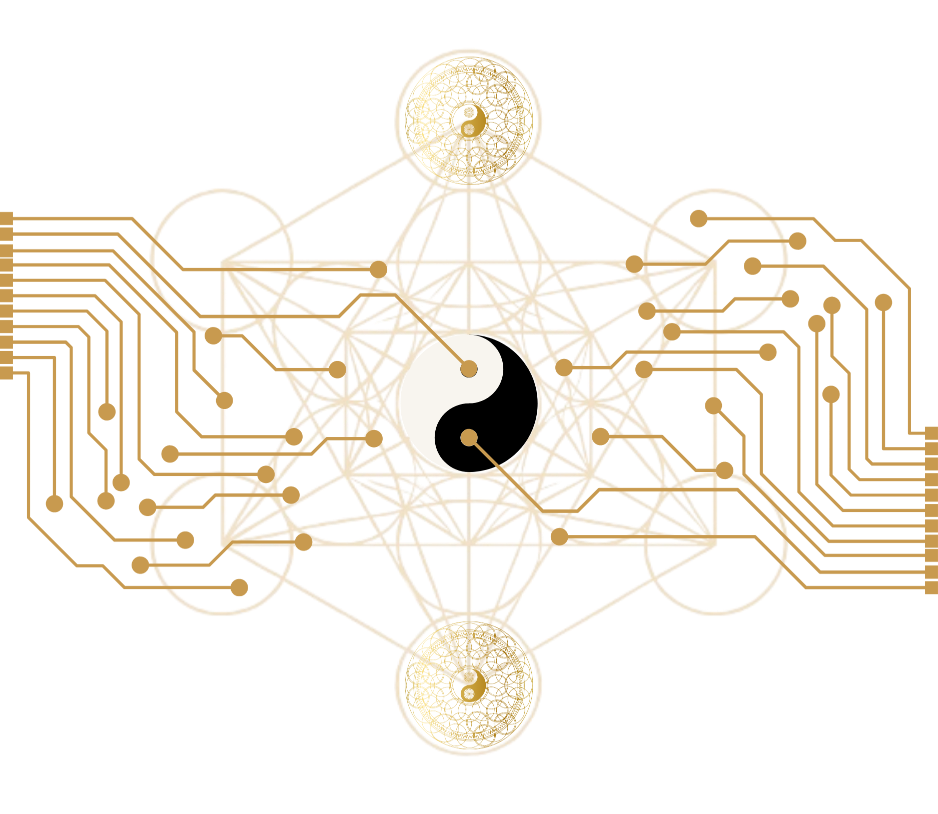 A geometric diagram featuring the yin-yang symbol at the center, surrounded by interconnected lines, circles, and triangles in gold, with additional smaller gold circles at the edges. The design blends spiritual and sacred geometric themes.