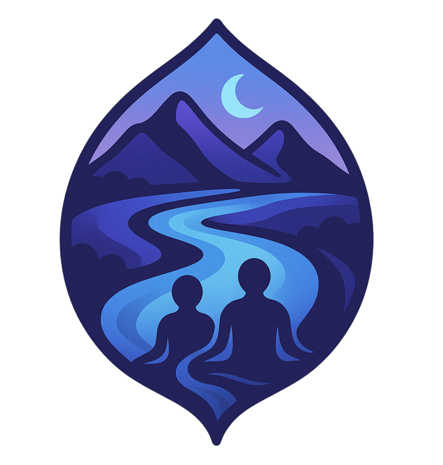 A stylized logo depicting mountains, a river, and two people meditating under a crescent moon, in shades of blue.