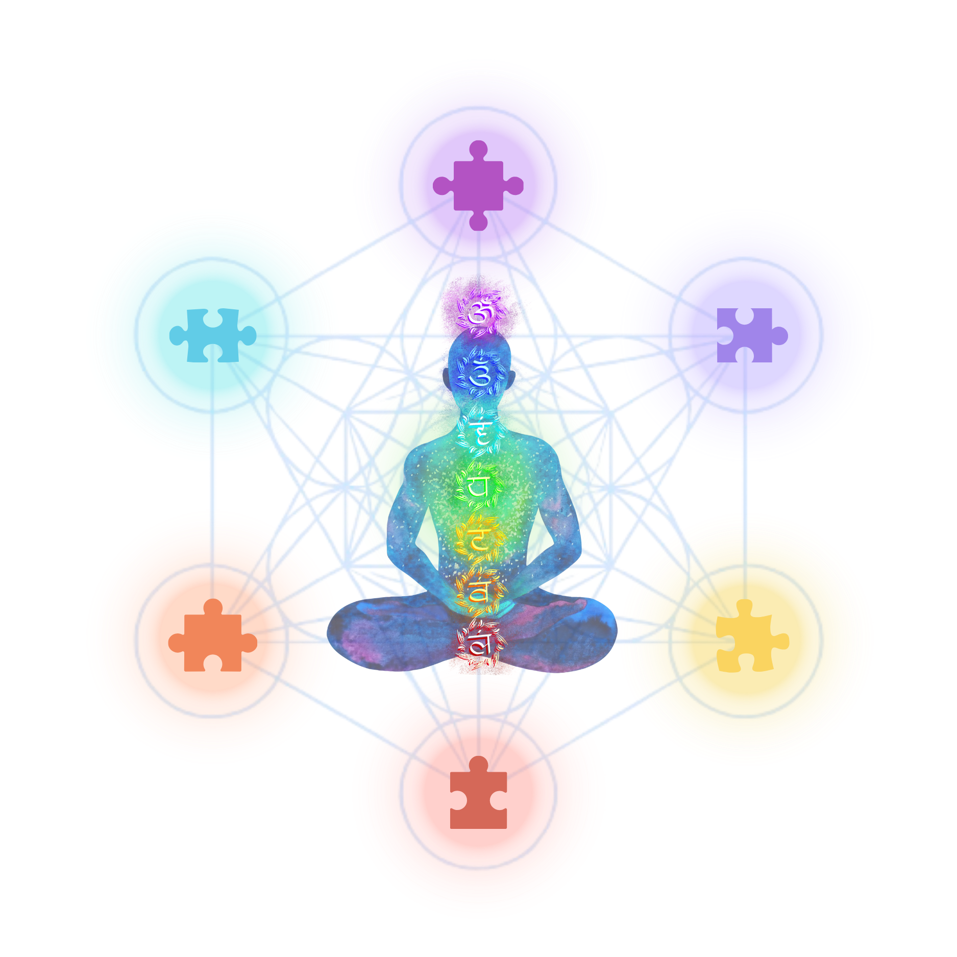 A digital illustration of a person in a meditative pose with a cosmic, galaxy-style body, sitting cross-legged. The person has symbols on the chakras along the spine, and a geometric pattern surrounds them. Overlaid with connected puzzle pieces and circular elements in a vibrant, multicolored background.