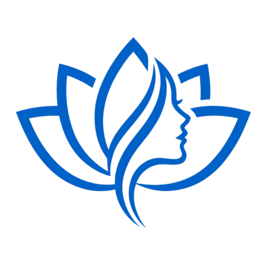 A blue logo with a stylized human face profile and a lotus flower design.