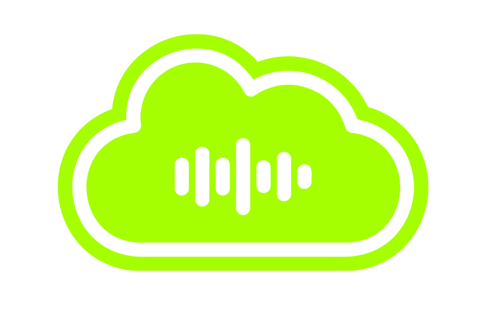 Green cloud icon with black outline and soundwave lines inside.