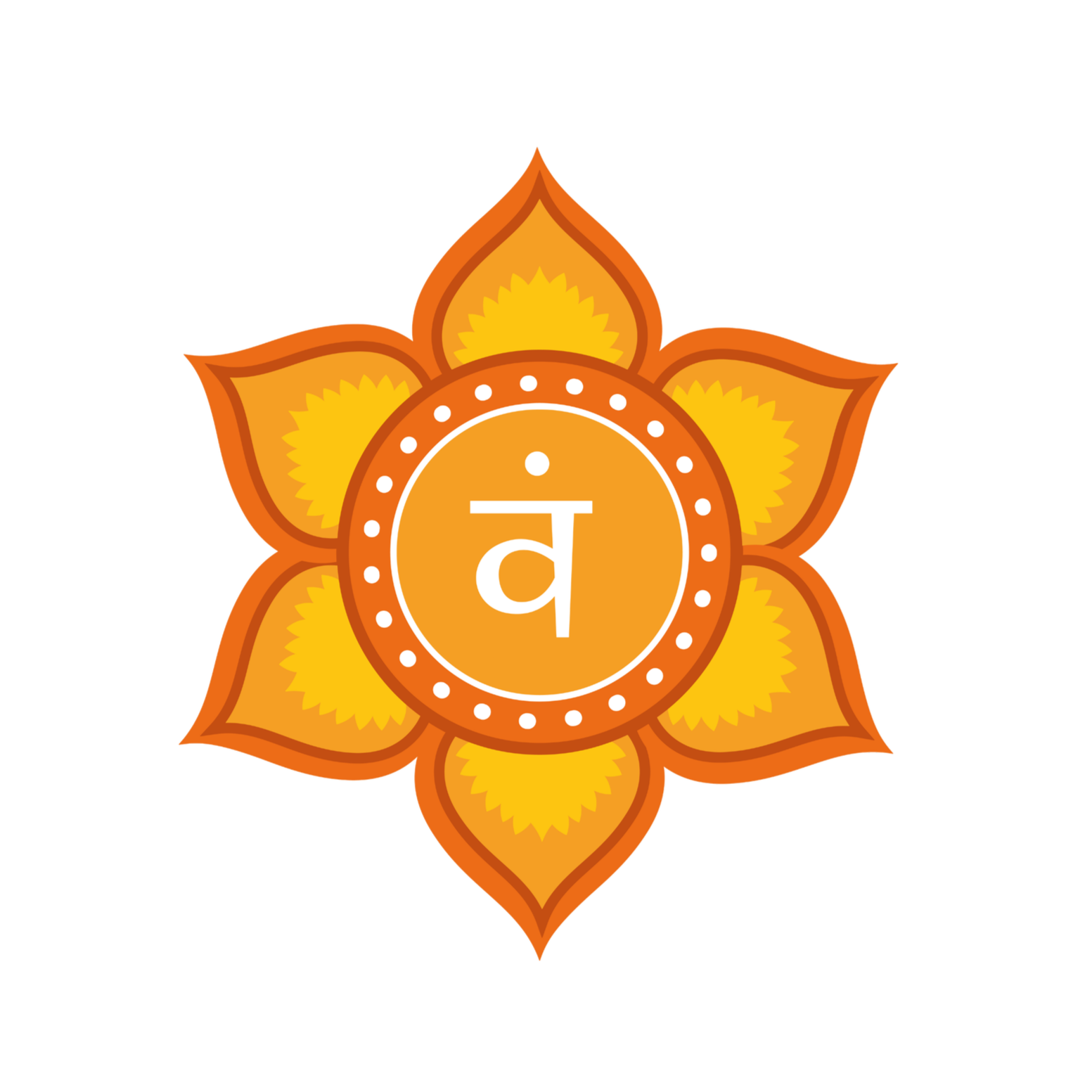 A colorful illustration of a lotus flower with a Hindu symbol 'व' in the center, featuring orange and yellow petals.