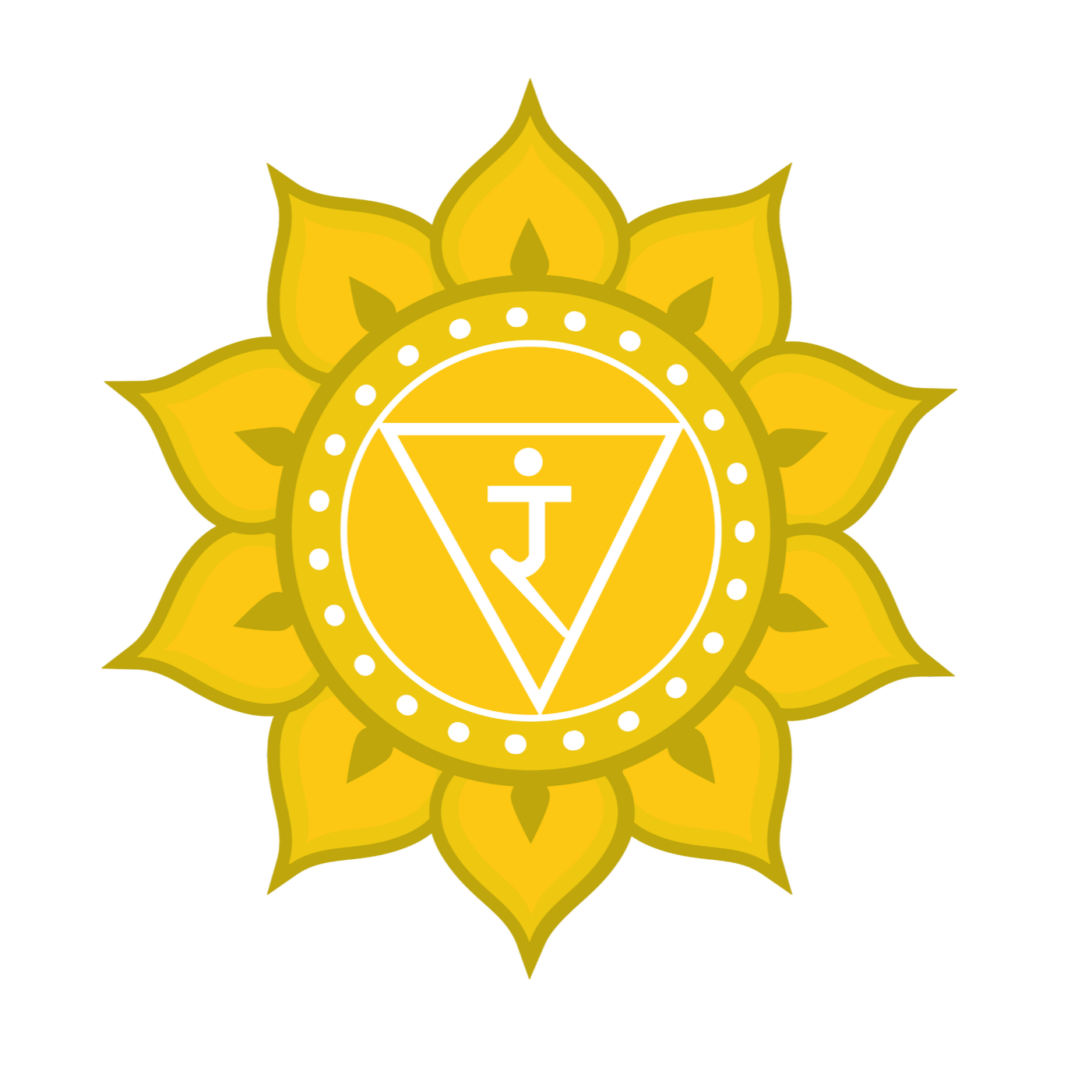 A yellow lotus flower with a white geometric symbol in the center, featuring a downward triangle, a circle, and the letter 'J' inside the triangle.