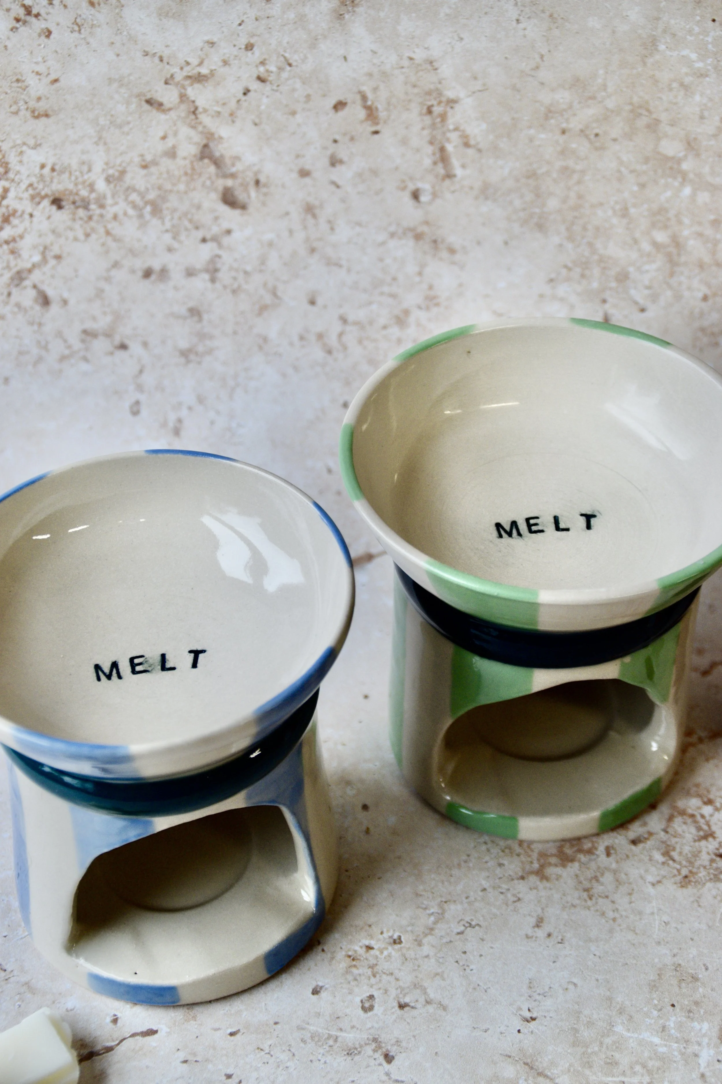 Blue and green ceramic wax burners with MELT detail