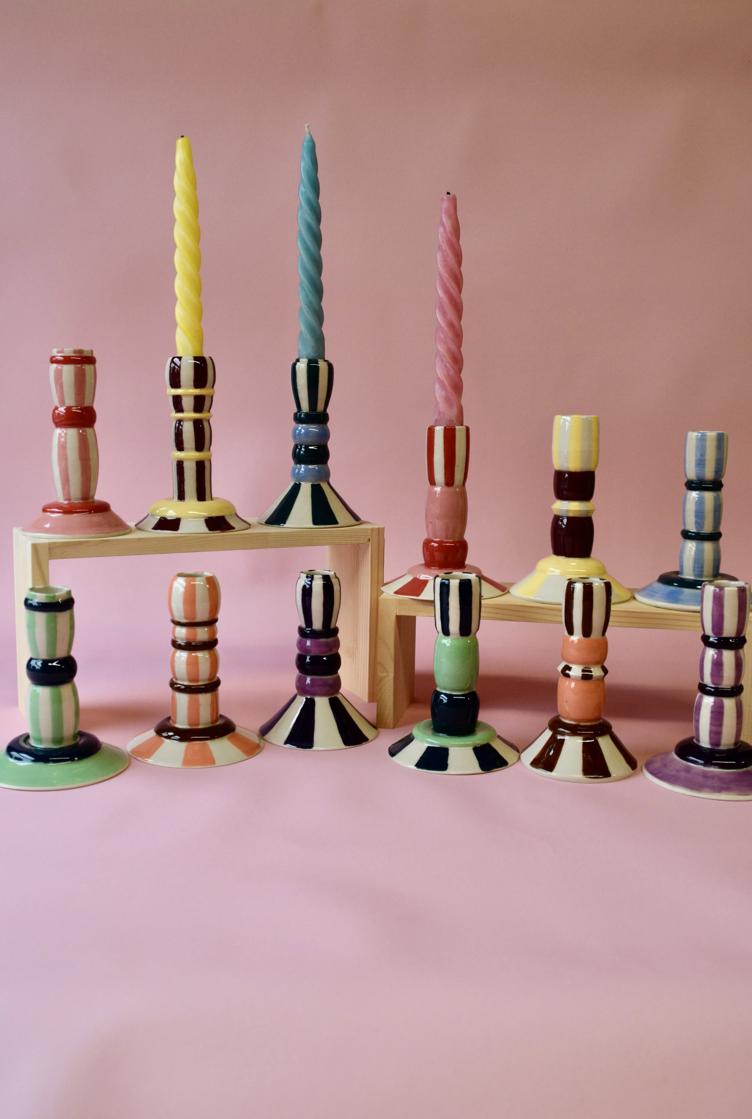 Handmade striped ceramic candlestick holders in different colourways