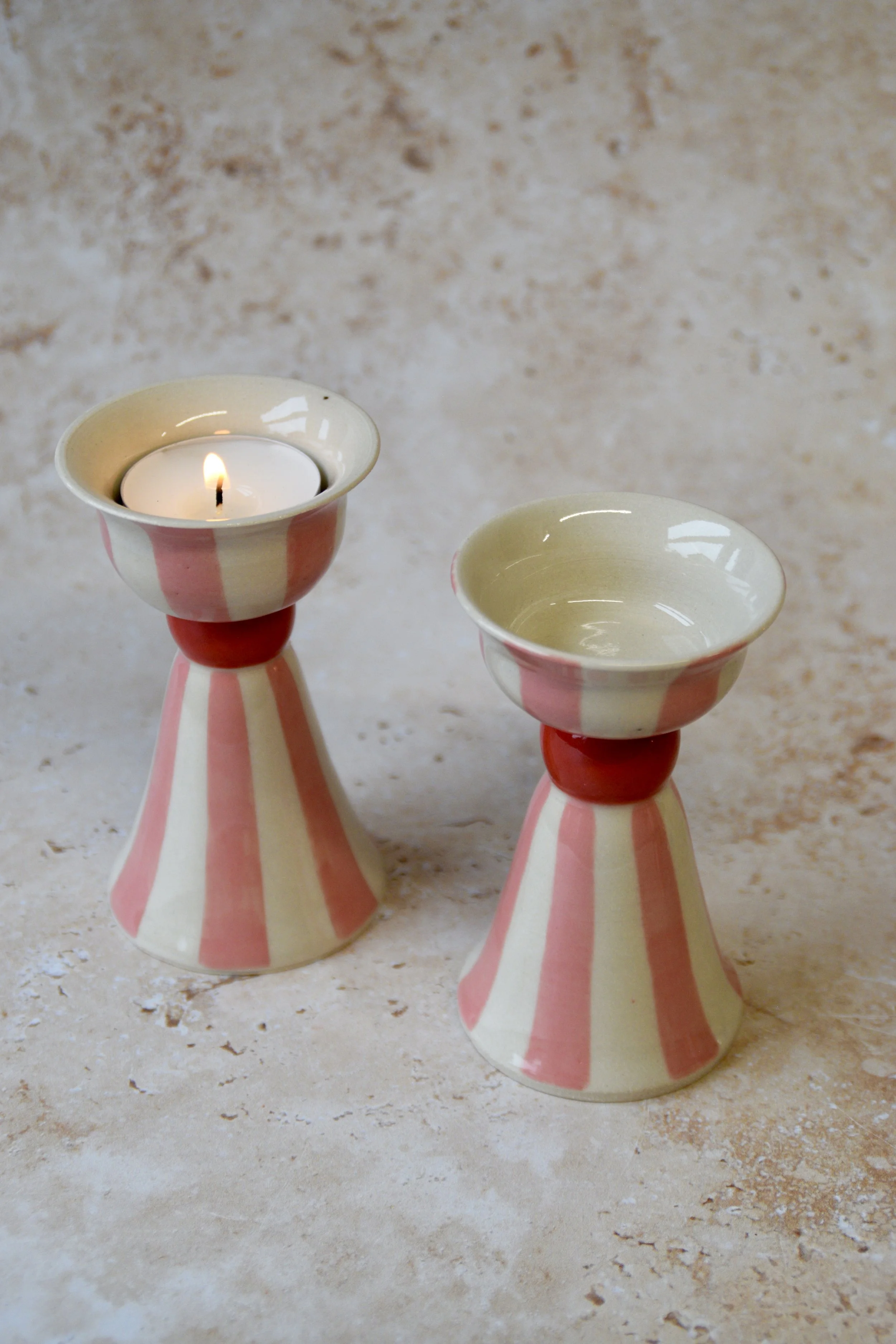 Pink and red striped ceramic tea light holders