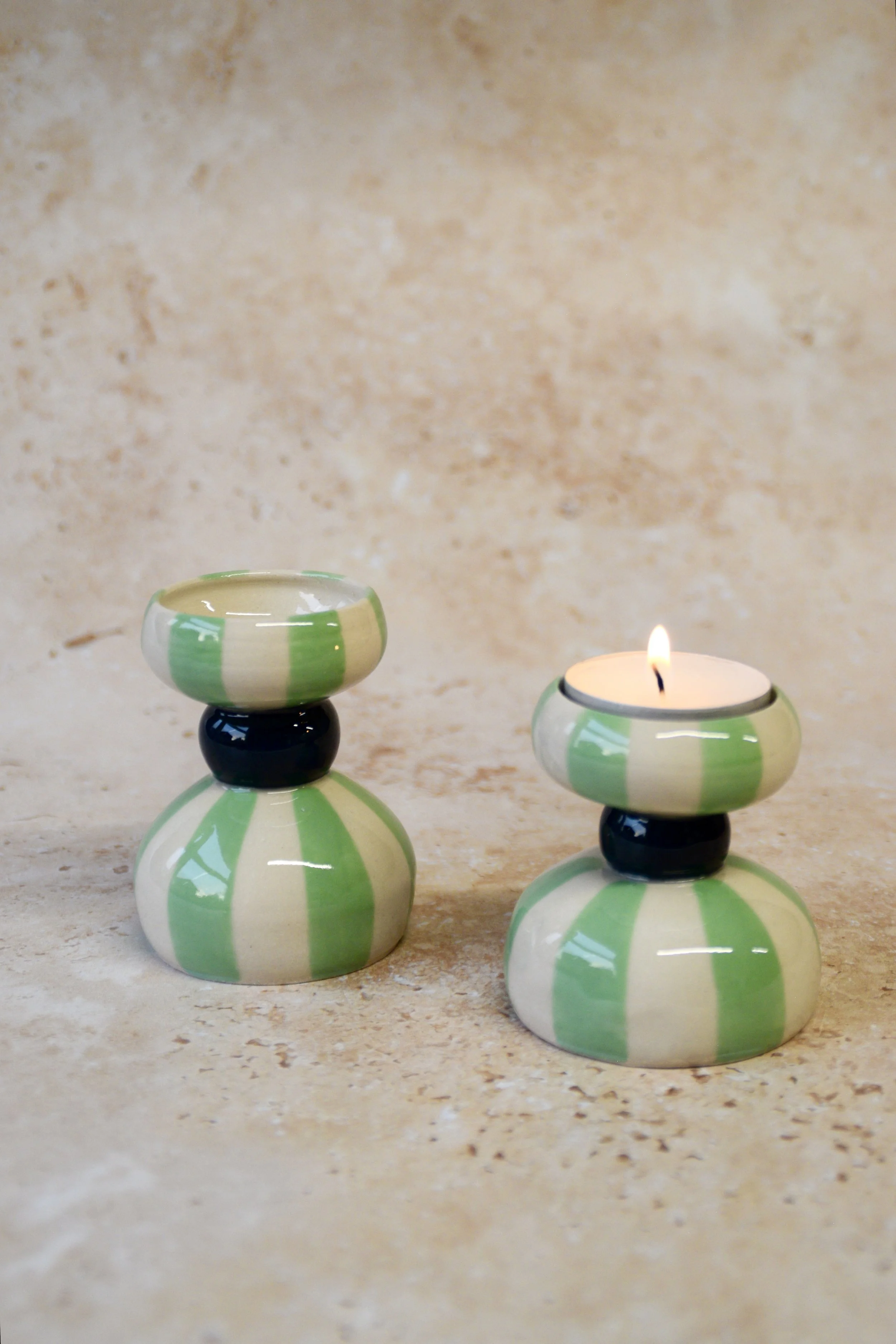 Green striped ceramic tea light holders