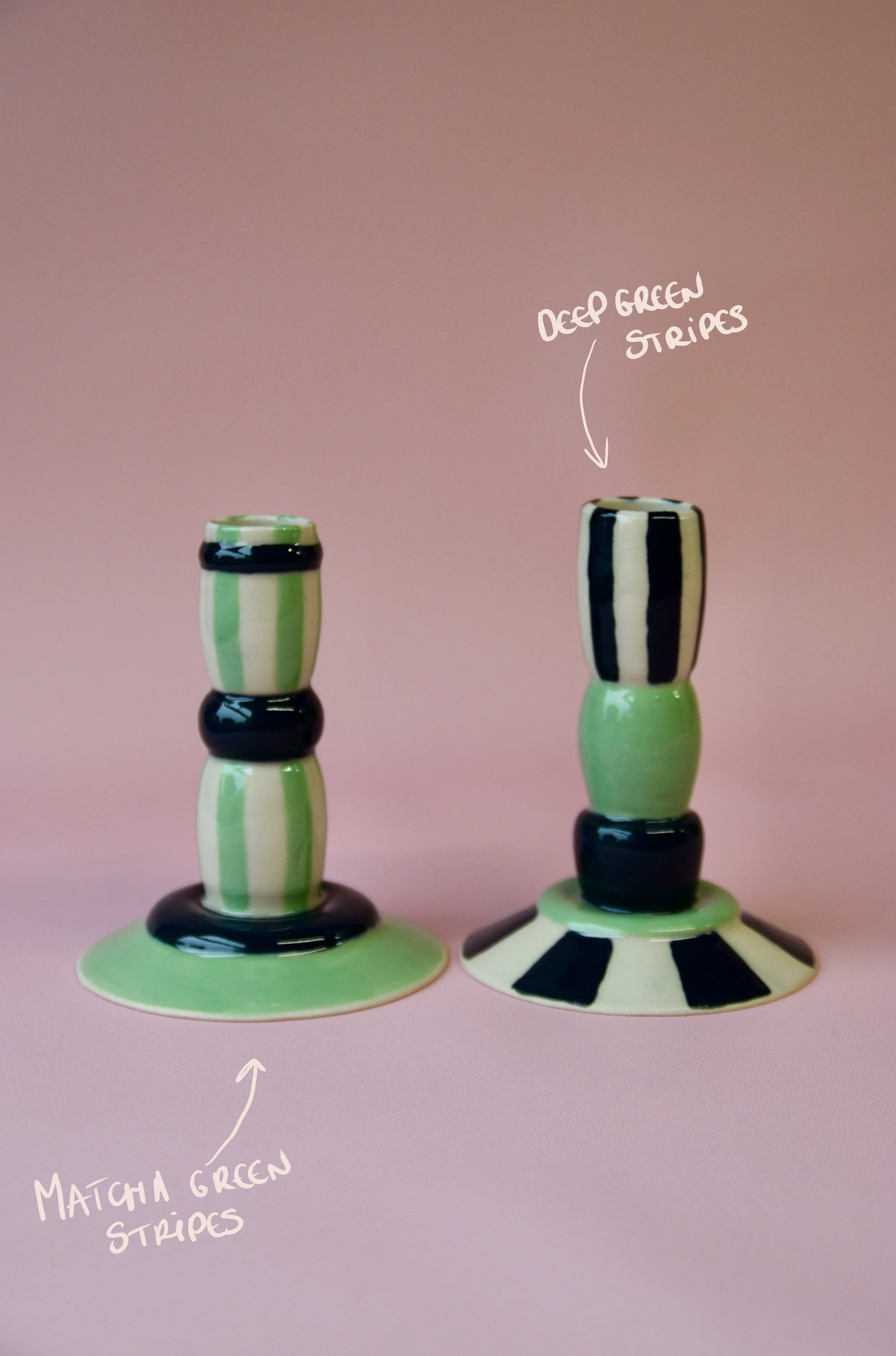 Green striped ceramic candlestick holders