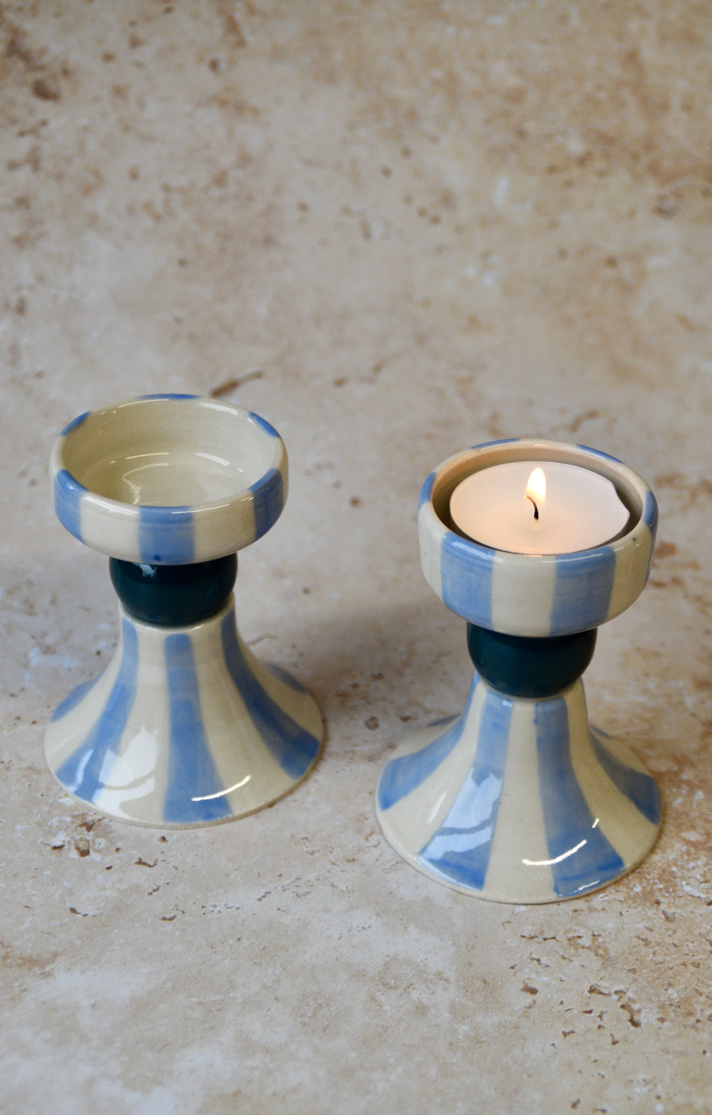 Blue striped ceramic tea light holders