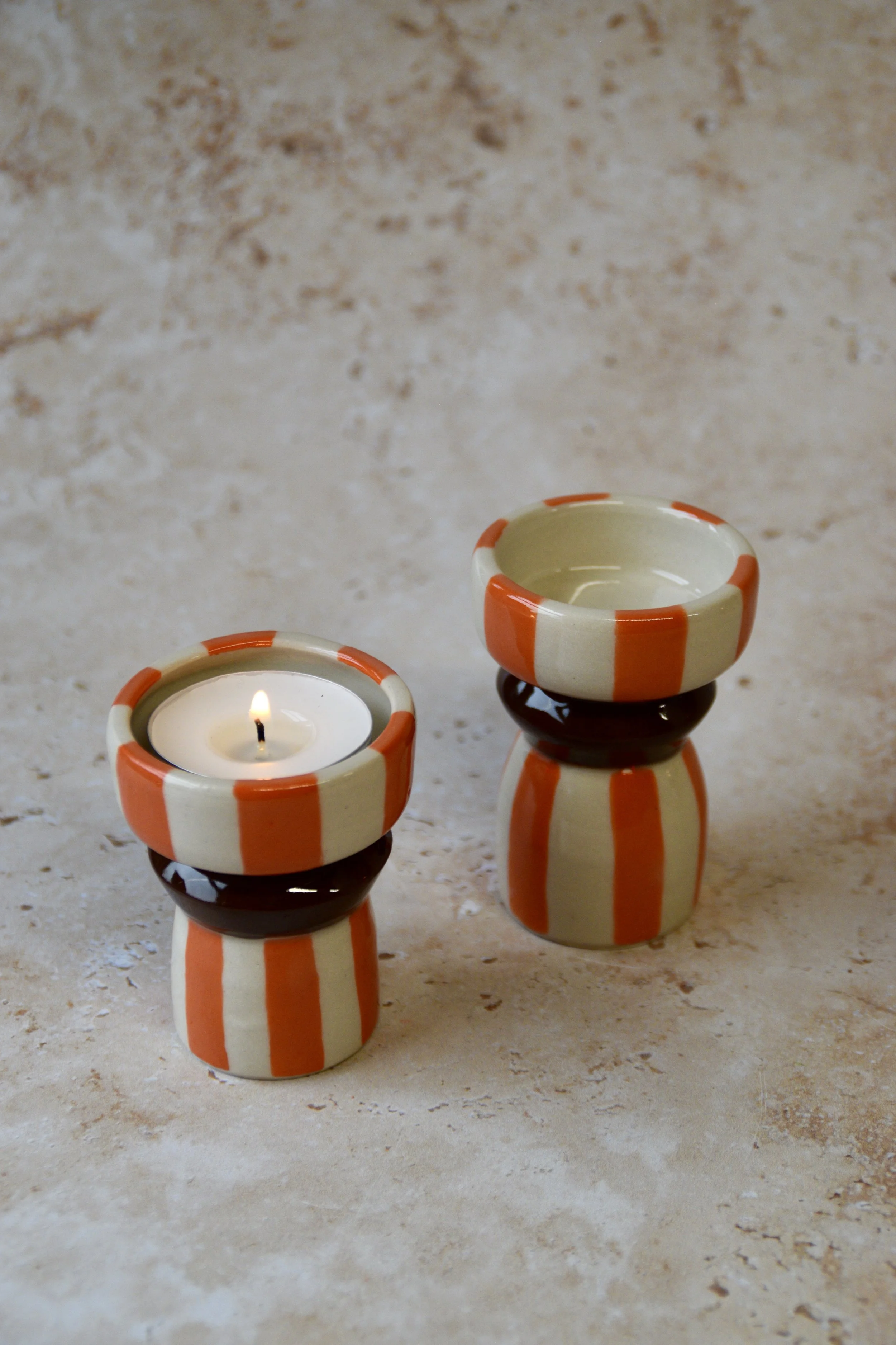 Orange and brown striped ceramic tea light holders