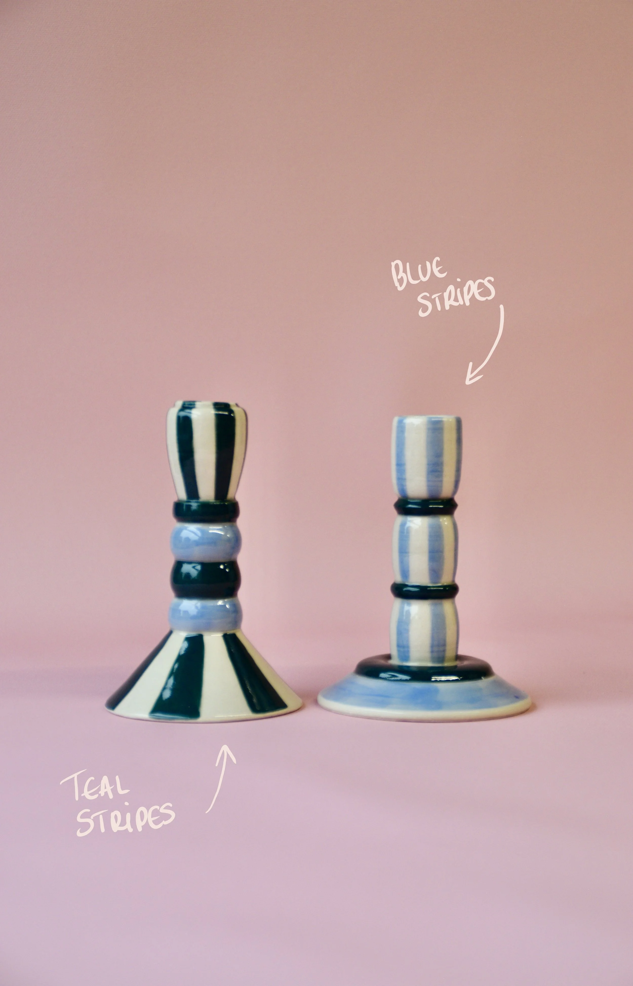 Blue striped ceramic candlestick holders